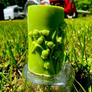 3 inch pillar candle Lilly of the valley design  balsm fir candle